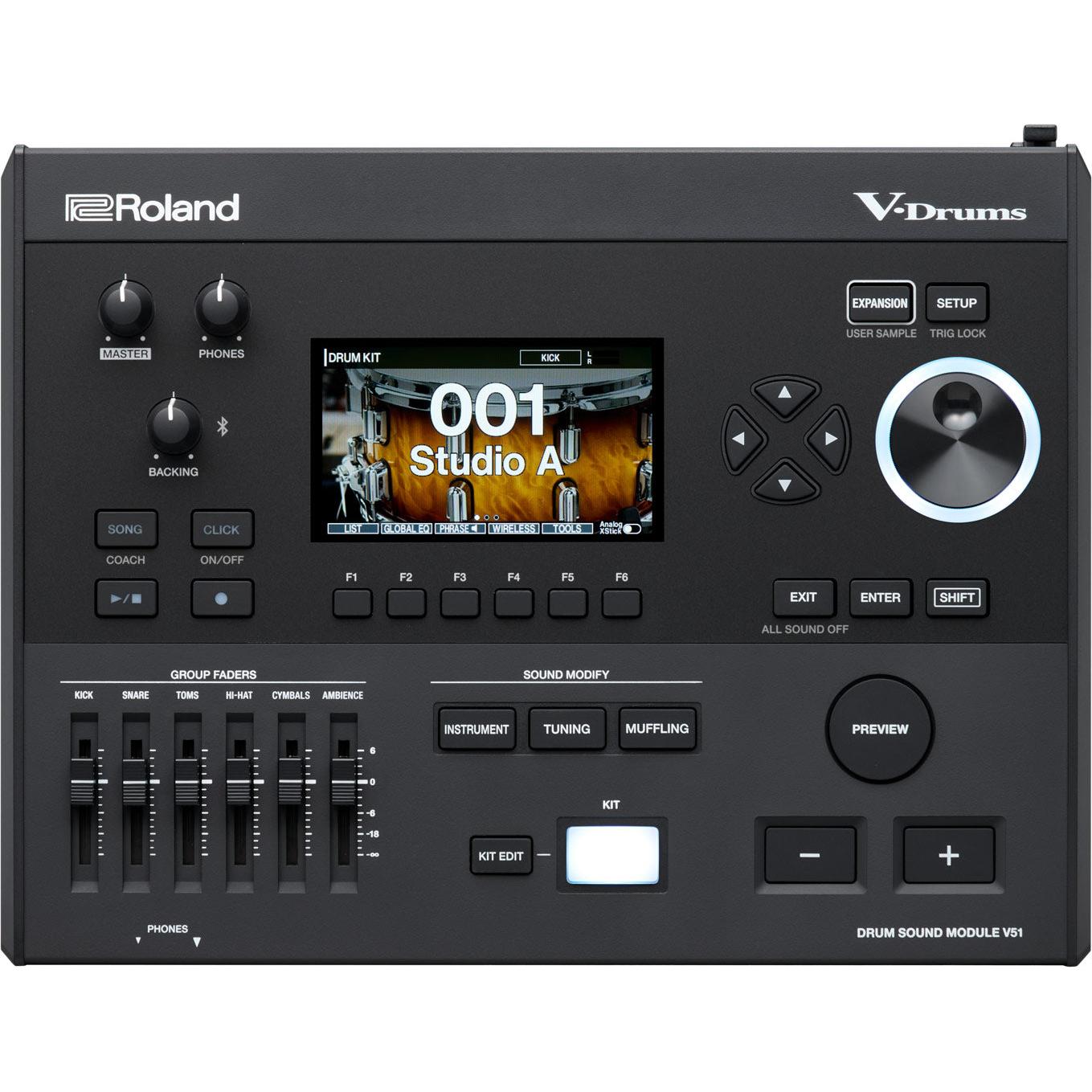 Roland V51 drum sound module, top panel with six faders and colour display