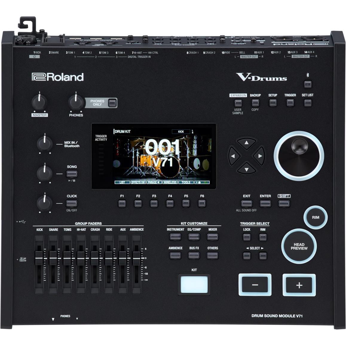 Roland V71 flagship drum sound module, top panel with eight faders and colour display