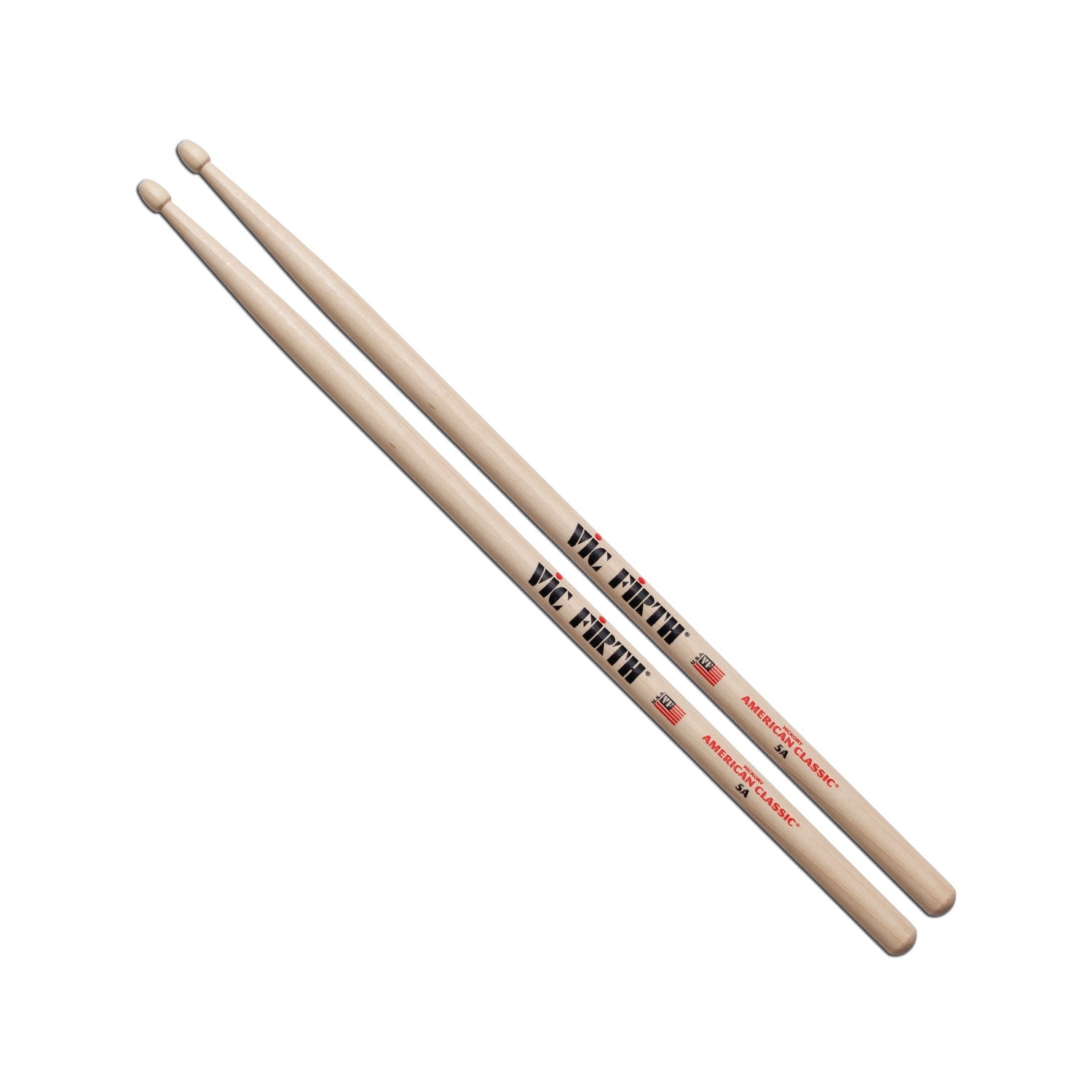 Pair of VIC FIRTH 5A American Classic Hickory Drum Sticks with printed logo and American Classic label on natural wood.