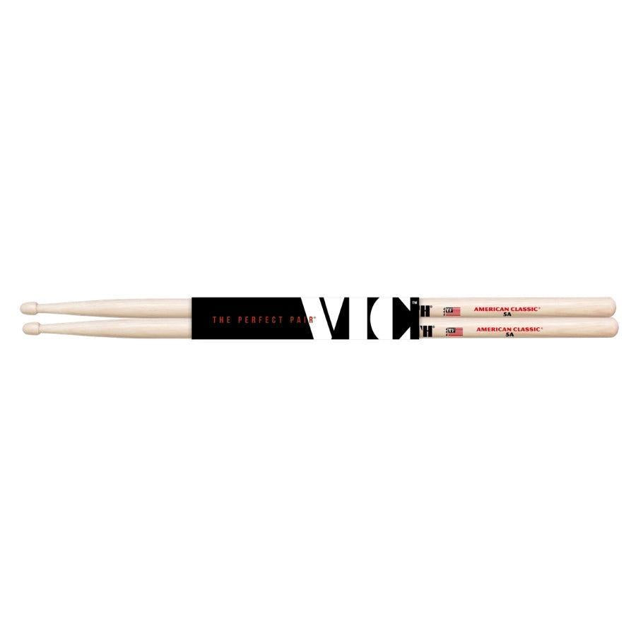 VIC FIRTH 5A American Classic Hickory Drum Sticks with black and red packaging featuring bold design and dense hickory wood.
