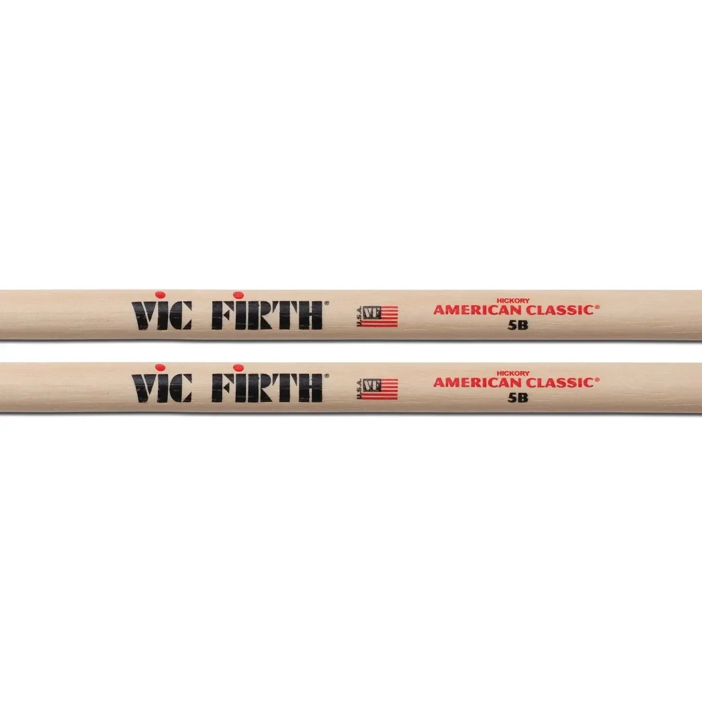 Pair of VIC FIRTH 5B American Classic Hickory Drum Sticks made from dense hickory wood for durability and balance.