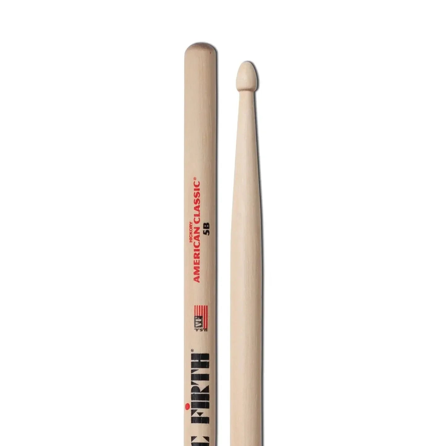 VIC FIRTH 5B American Classic Hickory Drum Sticks showing full length and tip made from select hickory wood.