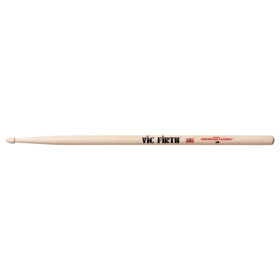 Single VIC FIRTH 5B American Classic Hickory Drum Stick made from durable select hickory wood with printed logo
