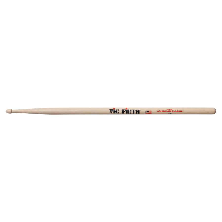 VIC FIRTH 7A American Classic Hickory Drum Sticks with tear drop tip, crafted for light jazz and fast movements.