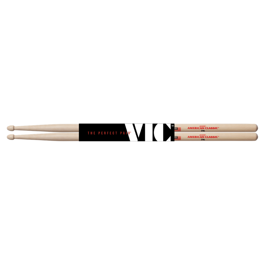 Pair of VIC FIRTH 7A American Classic Hickory Drum Sticks with teardrop tips, crafted for light jazz and fast playing.