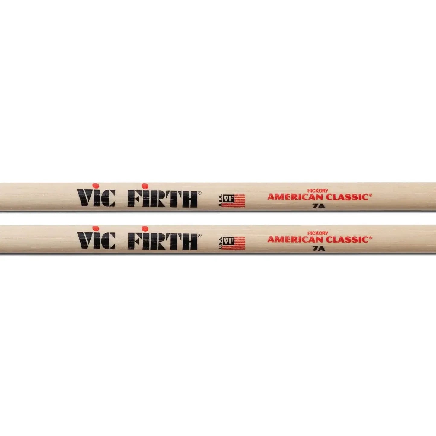 VIC FIRTH 7A American Classic Hickory Drum Sticks showing logo and style text on natural wood drumsticks.