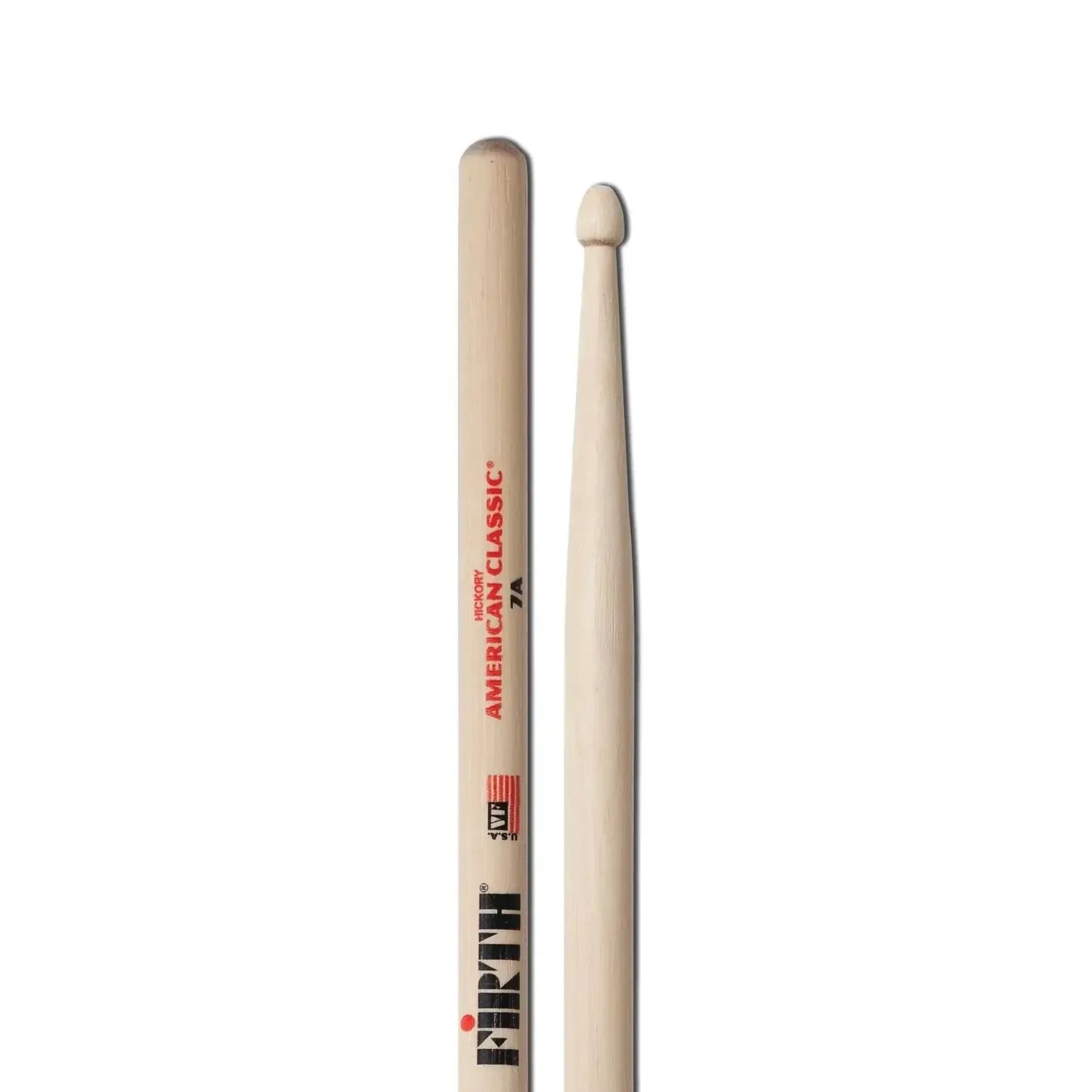 VIC FIRTH 7A American Classic Hickory Drum Sticks with tear drop tip, crafted for light jazz and fast movements