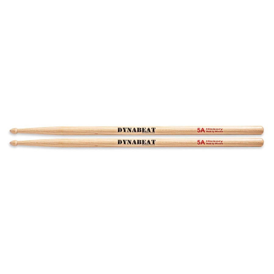 Pair of wooden 5A hickory drumsticks with Dynabeat logo, part of Medeli TP110 mini-kit bundle by Vybe Drums.