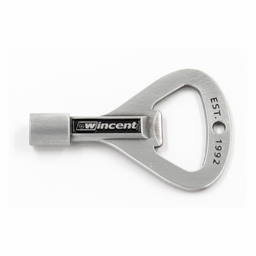 Wincent Drum Key and Bottle Opener in metal finish with keychain hole and Wincent logo on side.