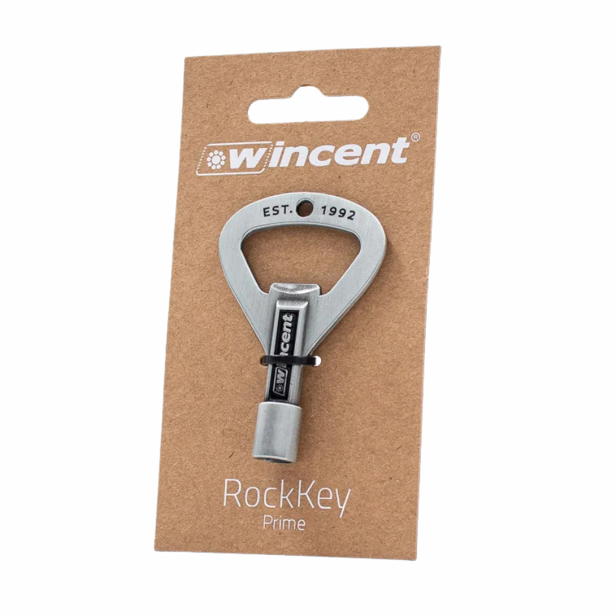 Wincent Drum Key and Bottle Opener attached to cardboard packaging, combining drum key and bottle opener functions.